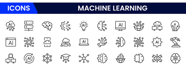 Sleek vector web line icons depicting machine learning, algorithms, neural networks, data analysis, and AI-driven innovation for intelligent systems.