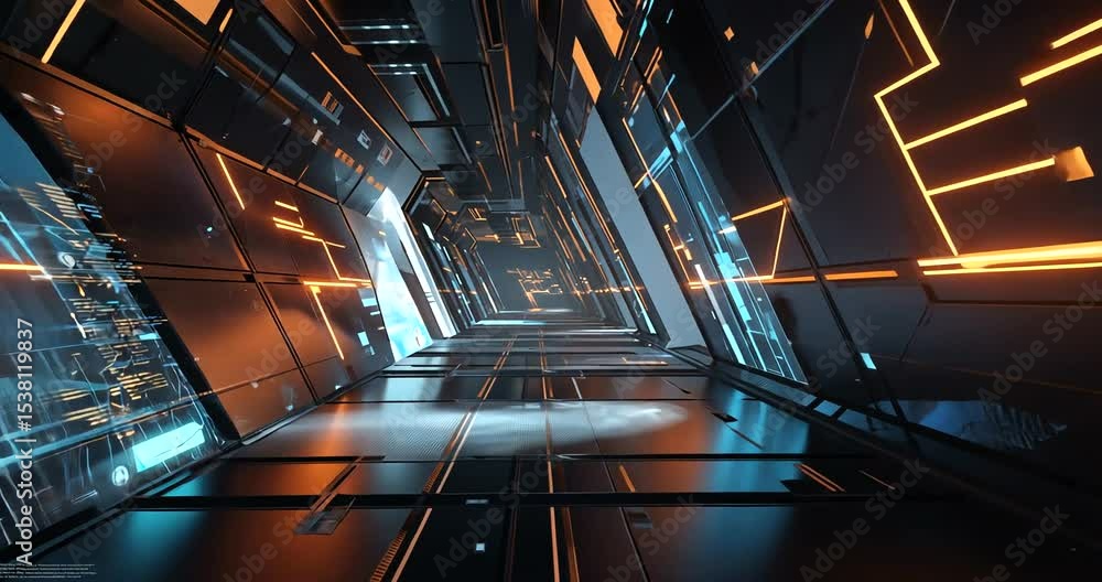 Poster futuristic corridor with glowing lines and panels, showcasing advanced technology in a sci-fi settin
