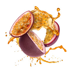 Tasty passion juice splashing with cut fruit in air on white background