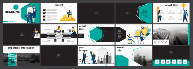 Business presentation. Sale of apartments, office, financial circulation, gold coins dollar. Infographic design, green black elements, background. Team of people creates a business.Vector illustration
