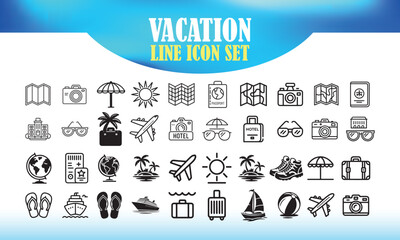 Black Vacation Vector Line Icon Set on White Background &ndash; Minimal Travel and Holiday Symbols
