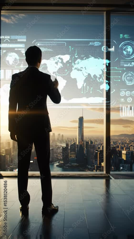 Poster a refined man in a sharp dark suit stands in dramatic silhouette, interacting with a dazzling hologr