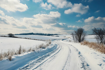 Obraz premium Snow covered road curves through a winter landscape with blue sky and clouds.