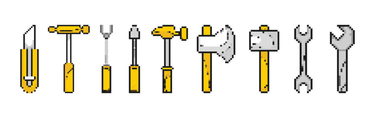 Set of pixel icons for games.Tools,hammer,key,axe, screwdriver,knife.Level Up.Pixel loot items award objects for retro video game design.Isolated on white.