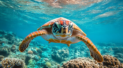 Fototapeta premium Sea turtle swimming amongst coral reefs.