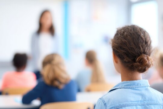 focused shot of teacher in action delivering lesson in bright classroom with blurred students in background