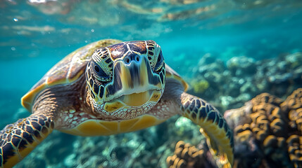 Fototapeta premium Close-up view of a sea turtle swimming in turquoise water.