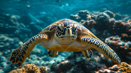 Fototapeta premium A sea turtle glides through the coral reef.