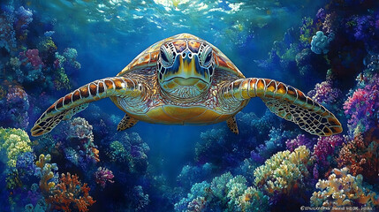 Obraz premium Vibrant sea turtle surrounded by colorful coral reef.