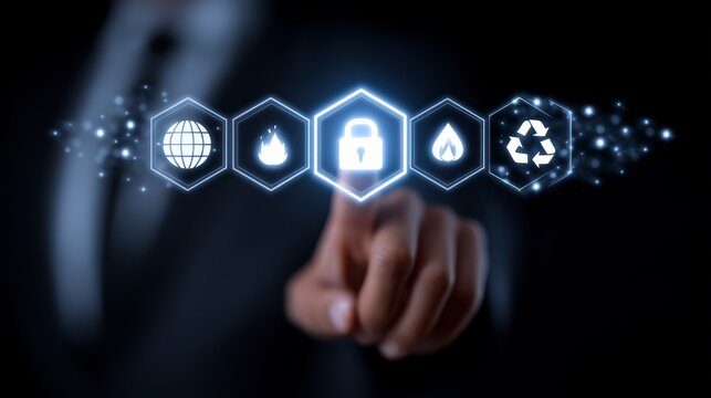 Digital HSE Management Concept Businessman Engaging with Health Safety and Environment Icons in Corporate Setting. Optimizing workplace health safety environmental performance via digital
