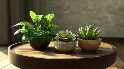 Four houseplants in pots sit on a round wooden table, displaying vibrant greenery and textures against 