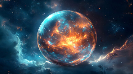 Fototapeta premium A glowing, spherical celestial body in a vibrant cosmic landscape.