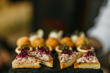 Waiter is bringing a selection of delicious canapés during a catered event