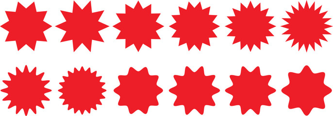 Set of red starburst. Price sticker, sale sticker, price tag, starburst, quality mark, retro stars, sale. Circle sticker set. Wavy edge promo red badges. Star burst shape tags for price. Red sale tag,