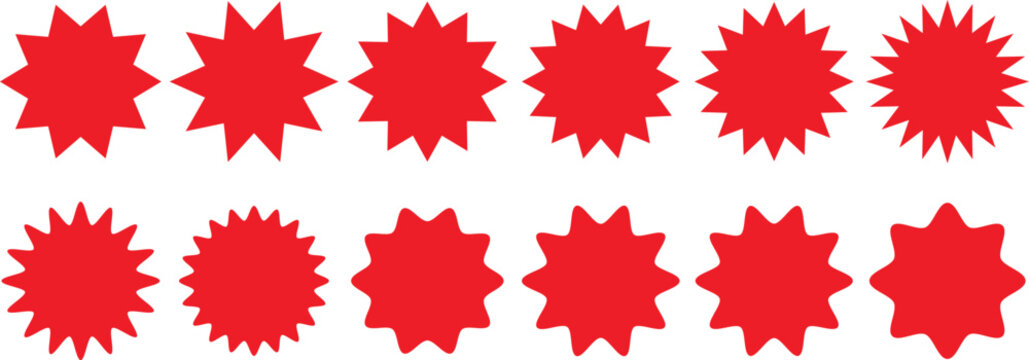 Set of red starburst. Price sticker, sale sticker, price tag, starburst, quality mark, retro stars, sale. Circle sticker set. Wavy edge promo red badges. Star burst shape tags for price. Red sale tag,