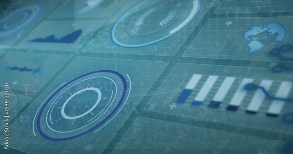 Poster central circular hud ring floating over grid in data analytics console, with alphanumeric overlay