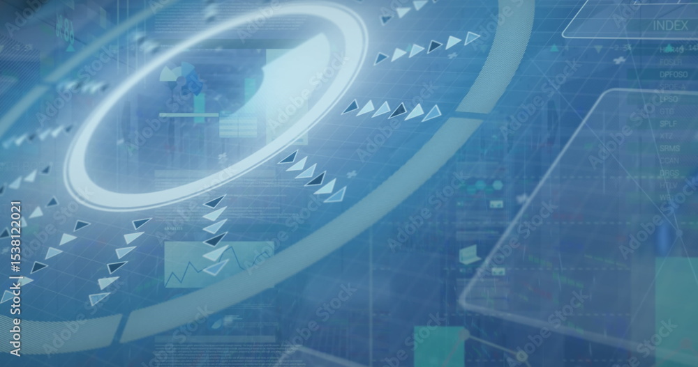 Poster displaying glowing ring radiating triangular arrow icons over virtual dashboard, with data panels