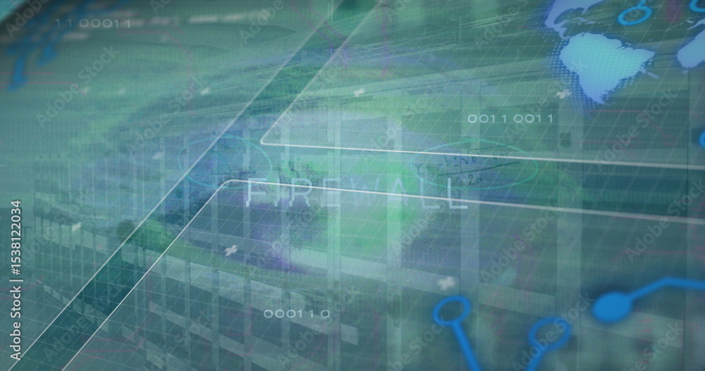 Poster displaying firewall graphic in office network interface, with text firewall, grid overlay and nodes