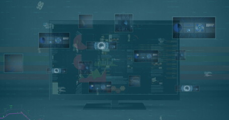 Displaying monitor silhouette in analytics UI with charts, play icons, hex nodes, code snippets