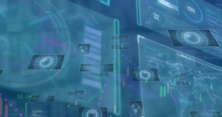 Translucent panels displaying charts, readouts and binary code in workspace, with world map overlay