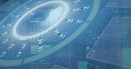 Displaying glowing ring radiating triangular arrow icons over virtual dashboard, with data panels