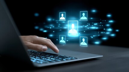 Expert selects candidate profiles on digital interface from laptop. A professional meticulously reviews applications via a computer screen to identify top talent for a crucial role.