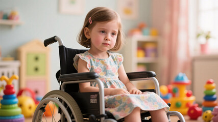 Portrait of a young girl with Rett syndrome in a wheelchair surrounded by toys, capturing innocence and calm strength in her expression