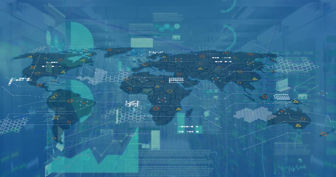 Displaying world map overlay animating within server room, with hexagonal nodes and warning icons