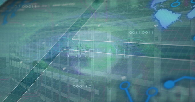 Displaying firewall graphic in office network interface, with text FIREWALL, grid overlay and nodes