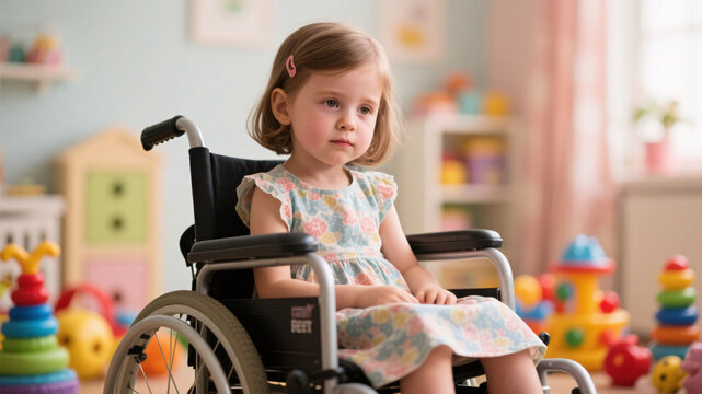Portrait of a young girl with Rett syndrome in a wheelchair surrounded by toys, capturing innocence and calm strength in her expression