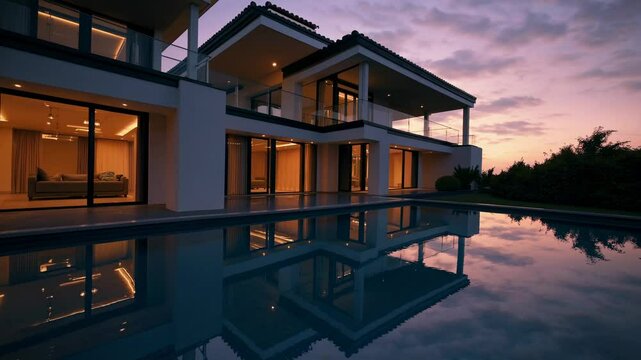 Modern luxury villa at sunset, captured from a low angle. The video showcases sleek architecture and serene reflections in the pool.
