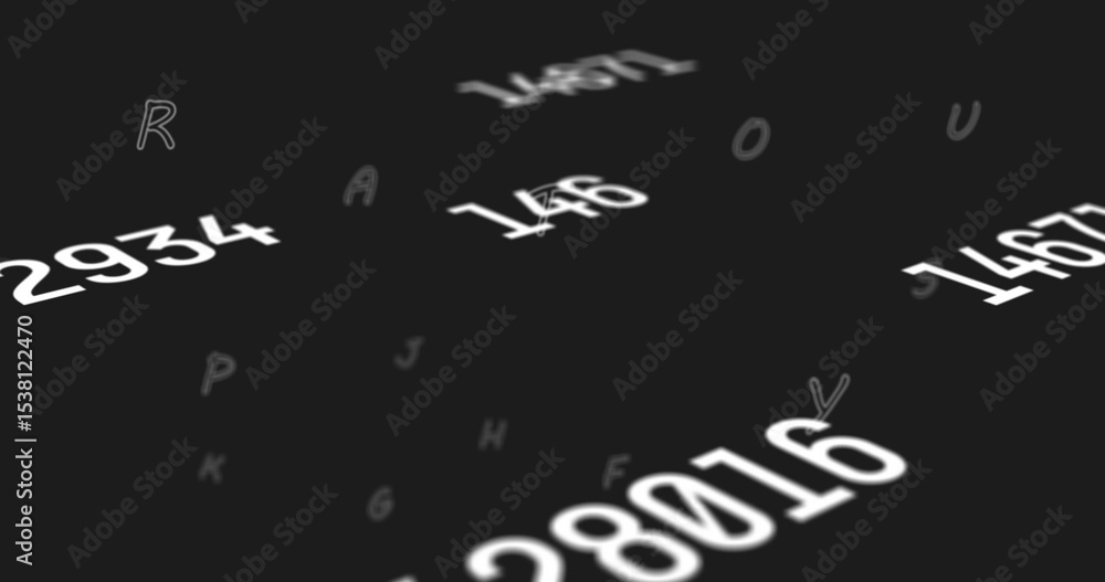 Poster Floating numeric strings like 28016, 2934, 1467 and alphabetic characters hovering in digital void