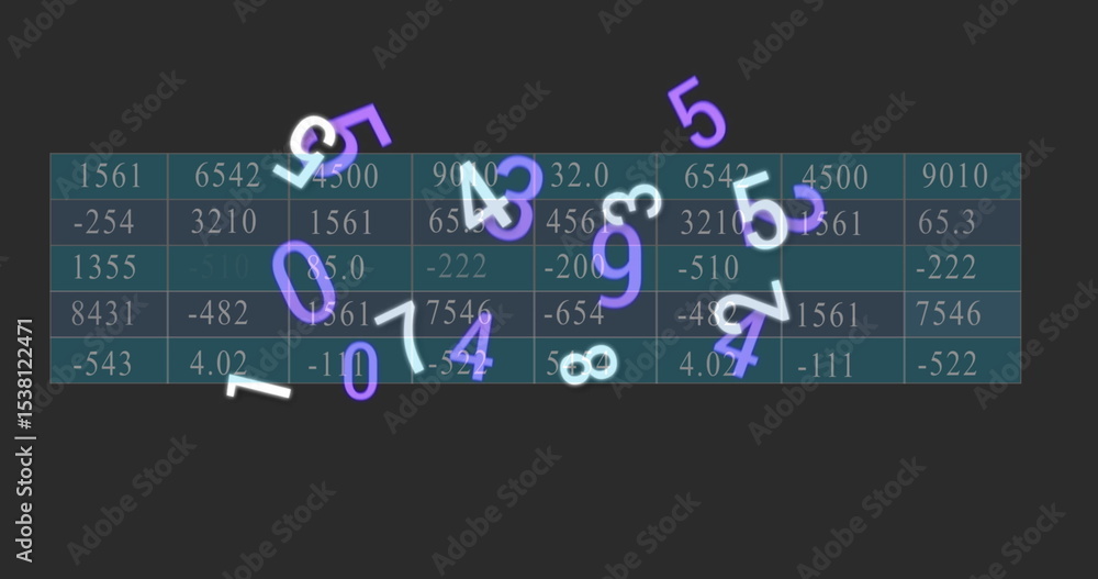 Poster displaying teal-header data grid on panel, with alternating rows and floating purple white digits