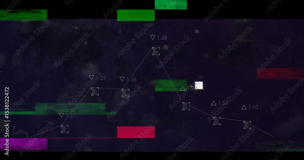 Poster displaying white square triangle markers linking deltas on digital interface with color glitch bars