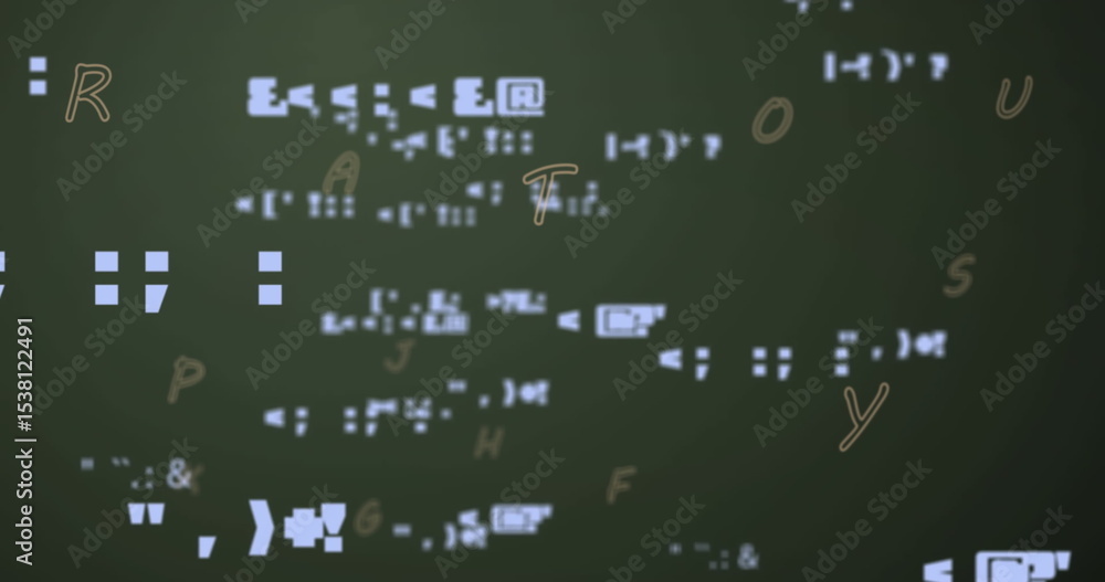 Poster Drifting alphanumeric code fragments floating over deep green digital display, with data depth