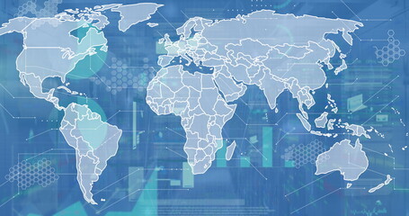 Displaying white world map over server rack interface showing hex grids, bar charts and data points
