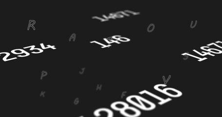 Floating numeric strings like 28016, 2934, 1467 and alphabetic characters hovering in digital void