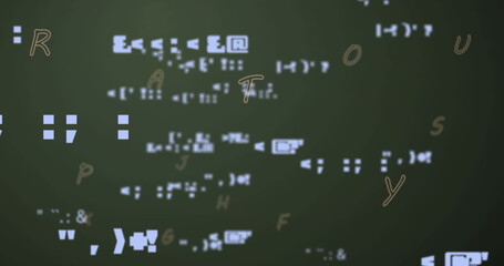 Drifting alphanumeric code fragments floating over deep green digital display, with data depth © vectorfusionart