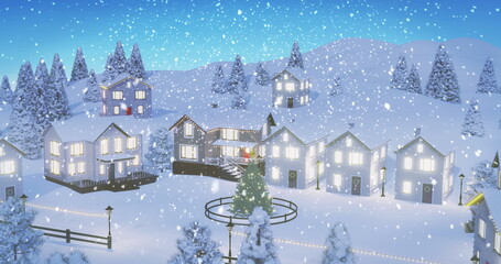 Glowing decorated evergreen tree sparkling in snowy village, with illuminated houses and lamp posts