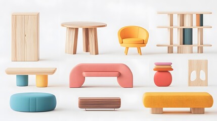 Display of various furniture pieces in pastel colors on a white background in a studio setting