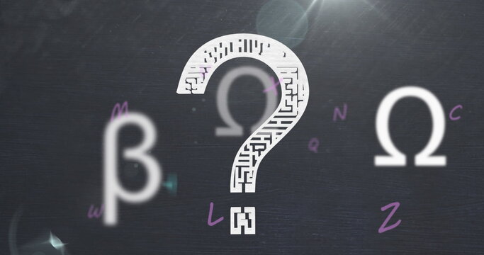 Hovering maze-patterned question mark over dark chalkboard, with blurred beta, clear Omega symbol - Powered by Adobe