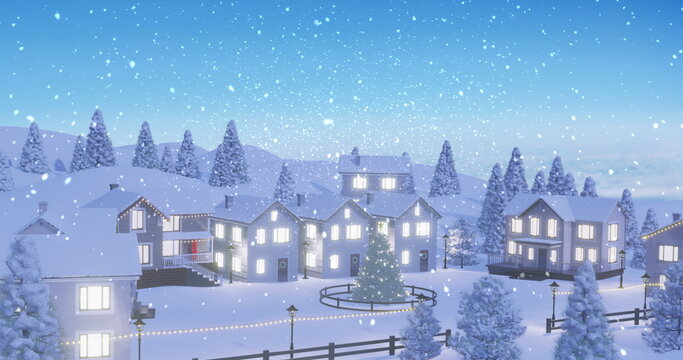 Snow falling covering lit fir tree within circular fence, lamp posts with lights and lit houses