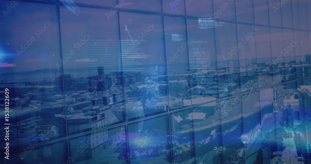 Poster displaying skyscraper glass facade reflecting downtown cityscape, with floating code and waveforms