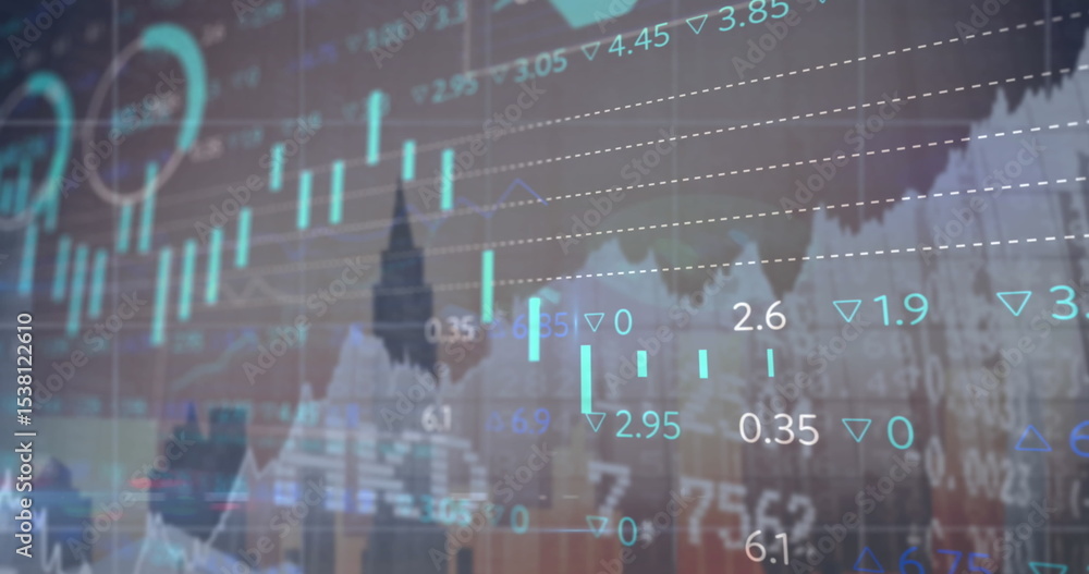 Aufkleber financial overlay showing candlestick bars and line graphs in skyline view, with numeric indicators