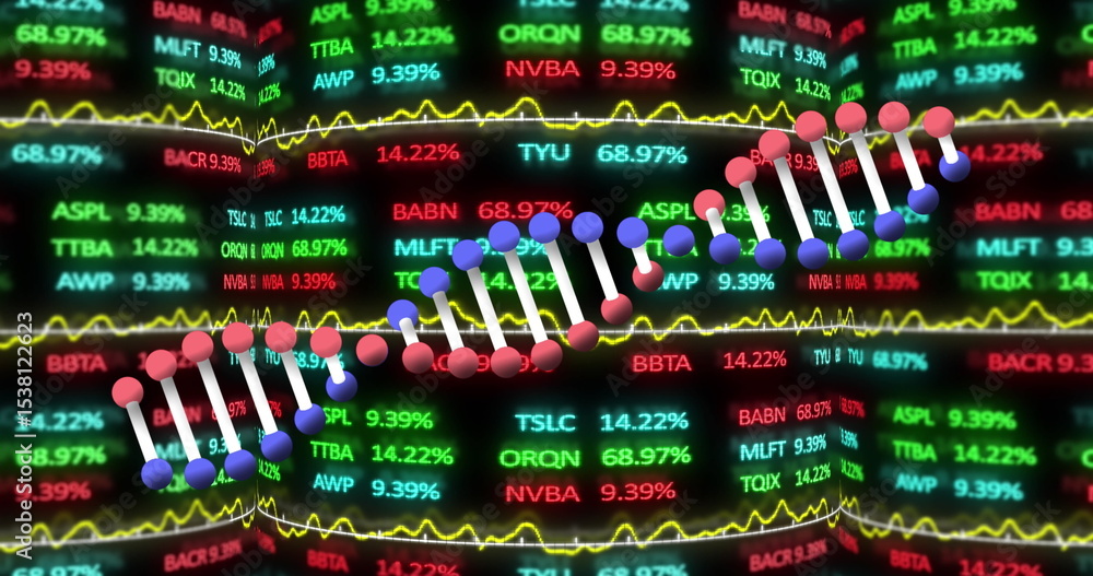 Poster displaying stylized dna helix model floating on data screen, with stock tickers and line graphs