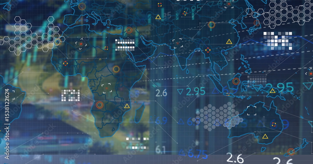 Poster displaying digital world map overlaying grid in interface, with hexagon patterns and numbers