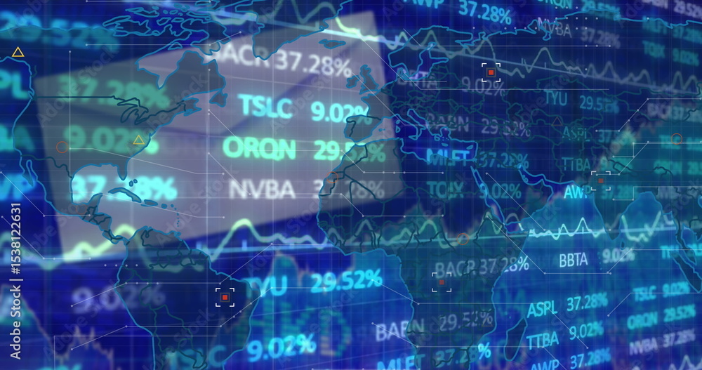 Poster displaying world map overlay floating over trading screen, with scrolling tickers and percentages