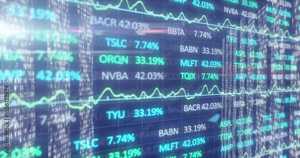 Poster displaying data panels showing ticker symbols and trend line graphs in financial environment
