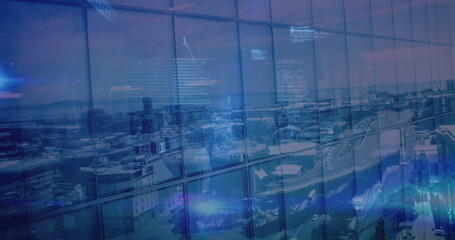 Displaying skyscraper glass facade reflecting downtown cityscape, with floating code and waveforms