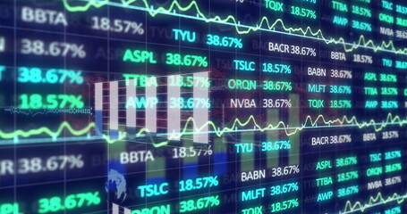 Displaying data on screen showing stock tickers and percentages, line graphs and globe icon